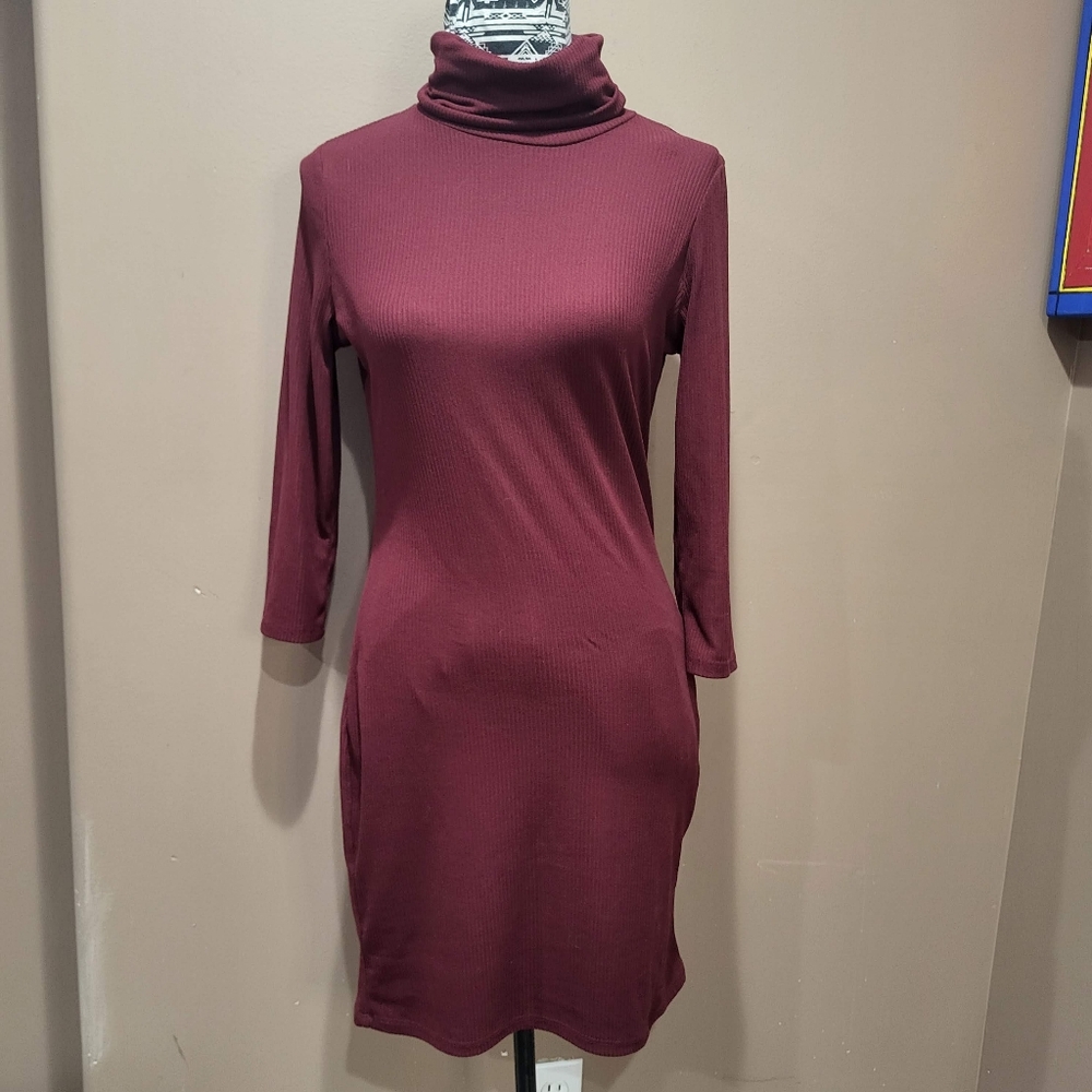 Burgundy Rib Knit Bodycon Turtleneck Dress